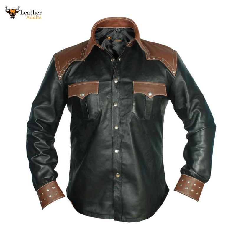 REAL LEATHER Mens Long Sleeve Black Cowboy Western Style Shirt BLUF Most Sizes