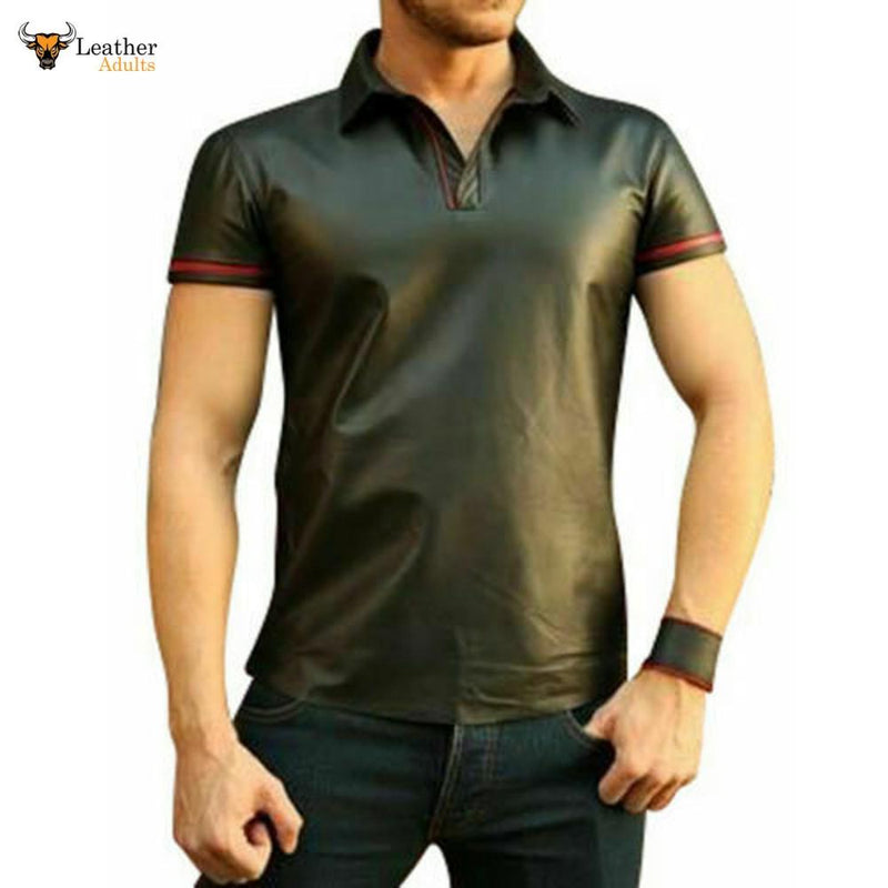 Men's Real Lambs Leather Polo Short Sleeve Shirt With Choice Of Piping