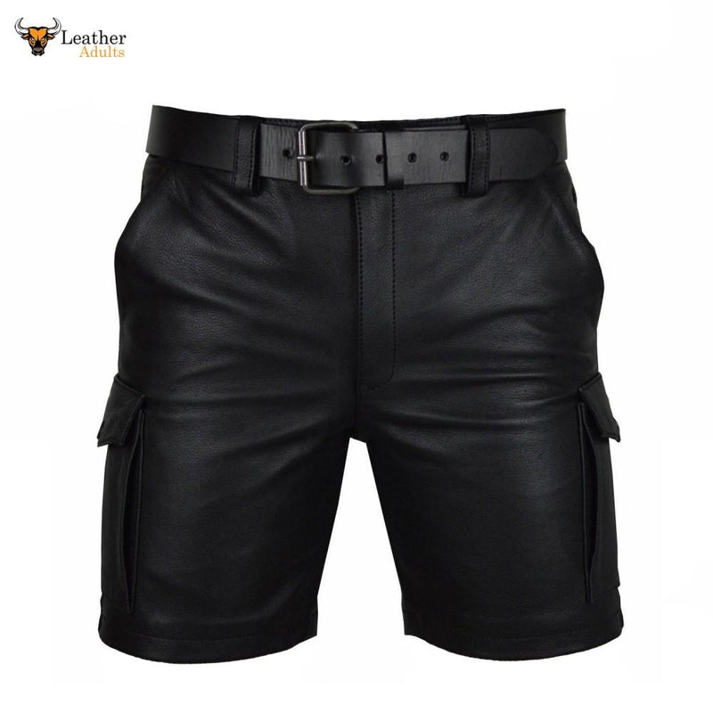Mens 100% Genuine Leather Cargo Shorts With Six Pocket and Belt