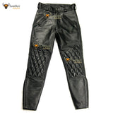 Men's Real Cowhide Leather Quilted Panels Breeches Trousers Pants Bikers Jeans LederBreeches