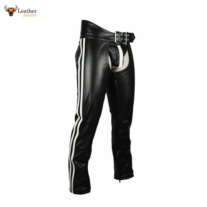 Men's Real Bikers Chaps Leather Chaps White Stripes Leather Gay Chaps with Jockstrap