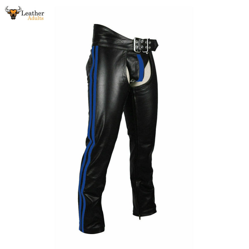 Men's Real Bikers Chaps Leather Chaps Blue Stripes Leather Gay Chaps with Jockstrap