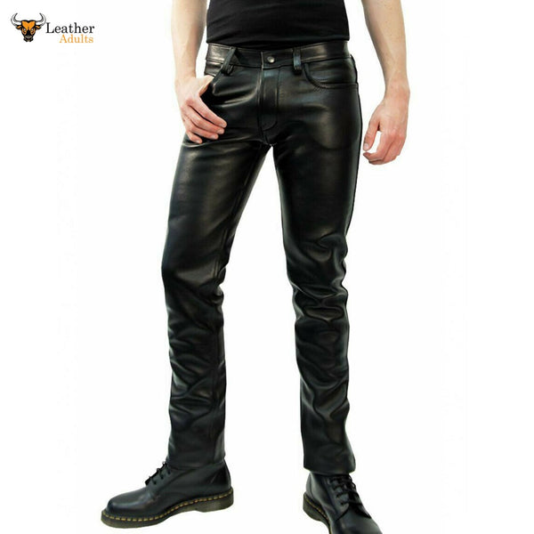 Mens Genuine Leather Black Shiny Jeans Pants Leather Sheep Leather Men Trousers