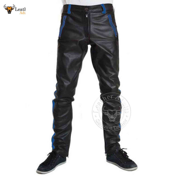 Mens Cowhide Leather Pants Cropped Biker Pants Blue Stripe Leather Pants Clubwear Chino Trousers