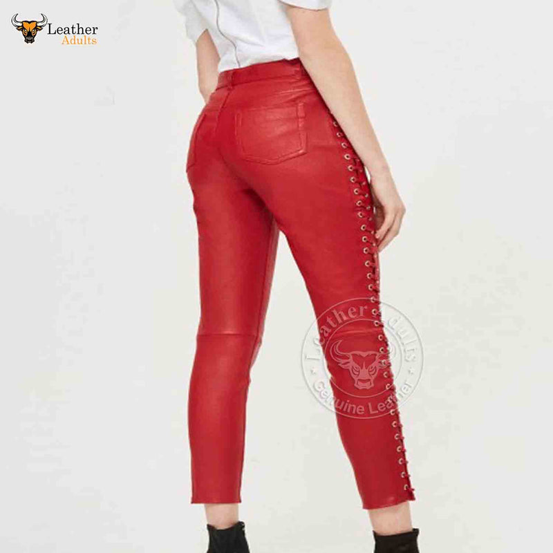 Women’s Red Real Leather Laces Up Slim Fit Sexy Side Laces Up Pants Skinny Trousers