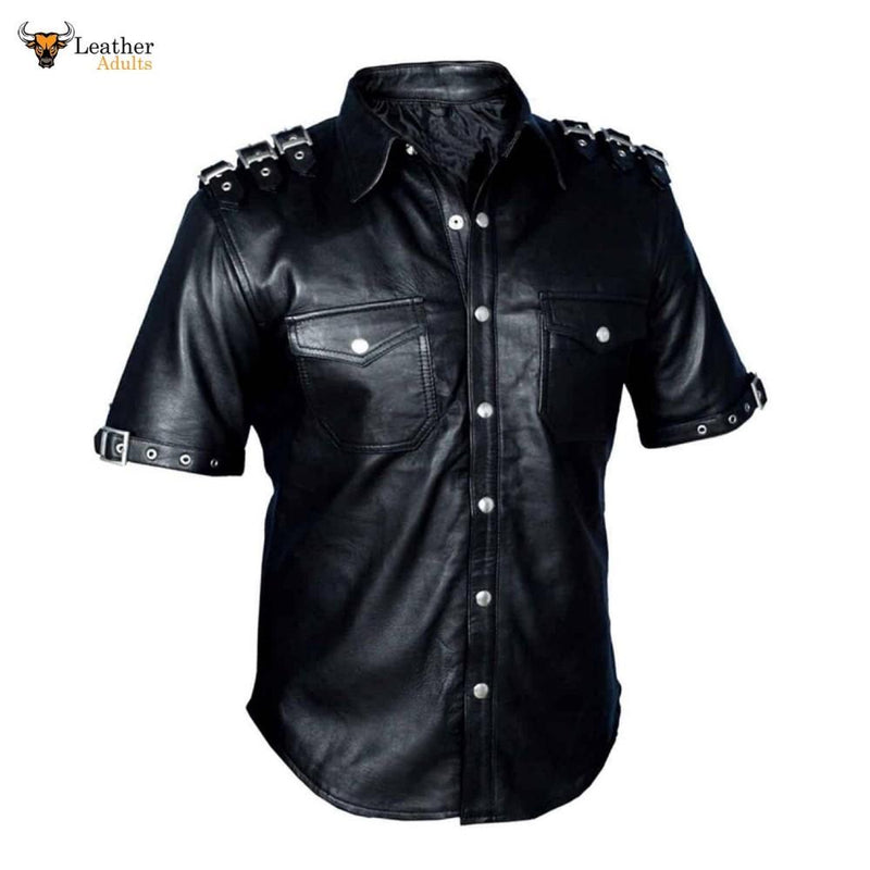 Leather Police Uniform Mens Hot Genuine Lambskin Black BLUF Gay Shirt