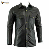 Mens Real Lambskin Leather Black Police Military Style Shirt BLUF Gay Most Sizes