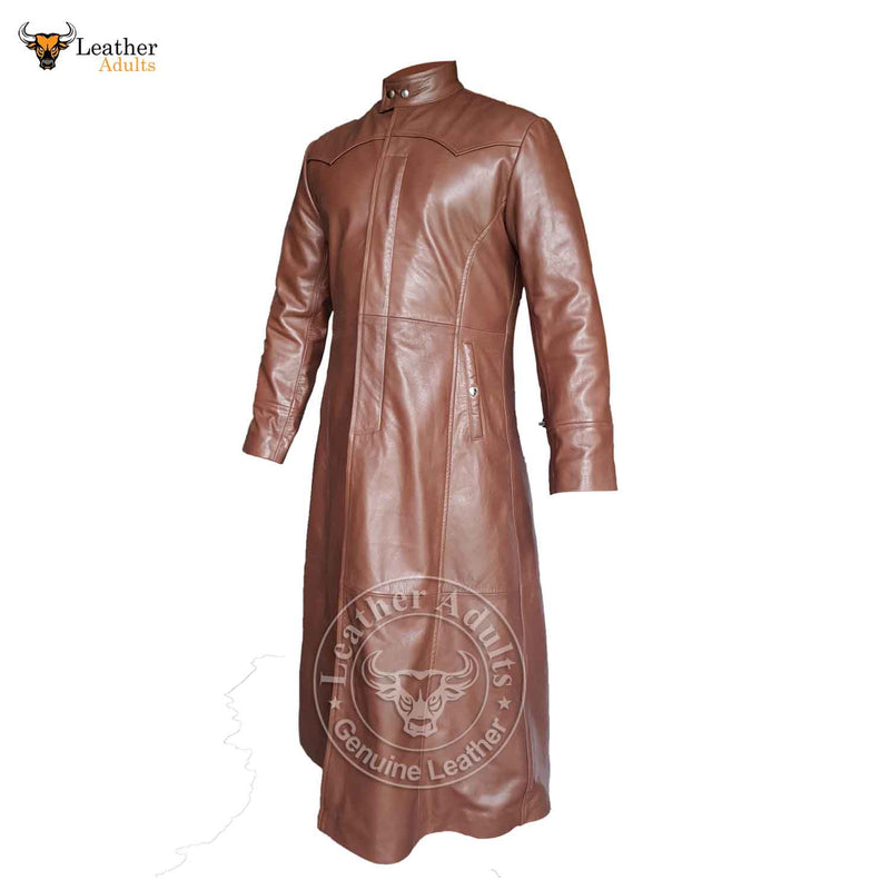 Mens Brown Cowhide Leather Goth Long Coat Steampunk Gothic Van Helsing Matrix Trench Coat