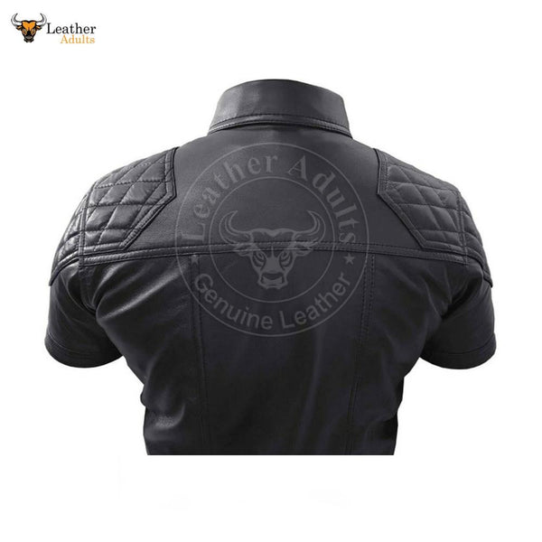 Men's Black Real Lambskin Leather Police Military Style Quilted Bluf Shirt