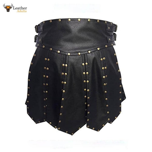 Mens Black Real Cowhide Leather Gladiator Kilt - K6