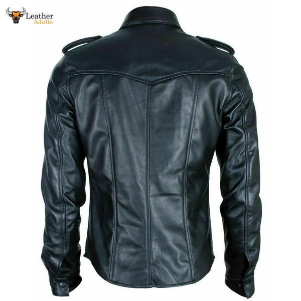 Mens Real Black Leather Police Military Style Shirt BLUF Full Sleeves Shirt