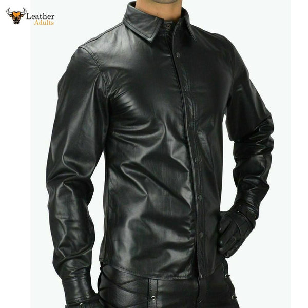Mens Real Black Leather Police Military Style BLUF Full Sleeves Shirt