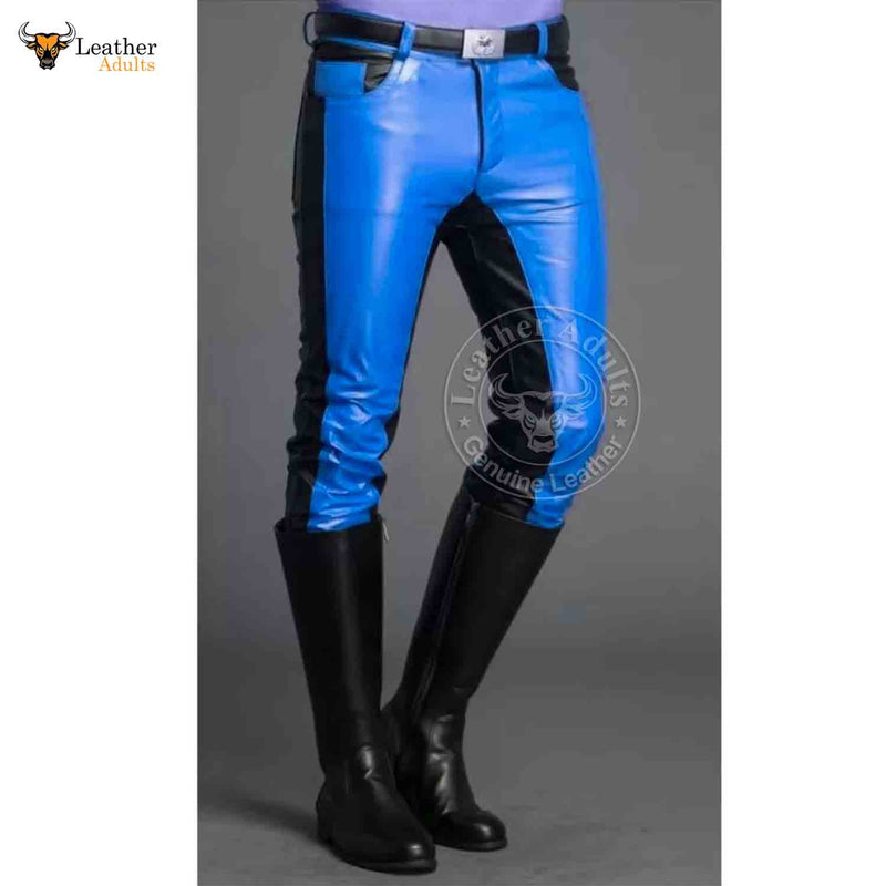 Mens Real Cowhide Leather Black and Blue Contrast Leather Pants Motorcycle Pants Trousers Jeans
