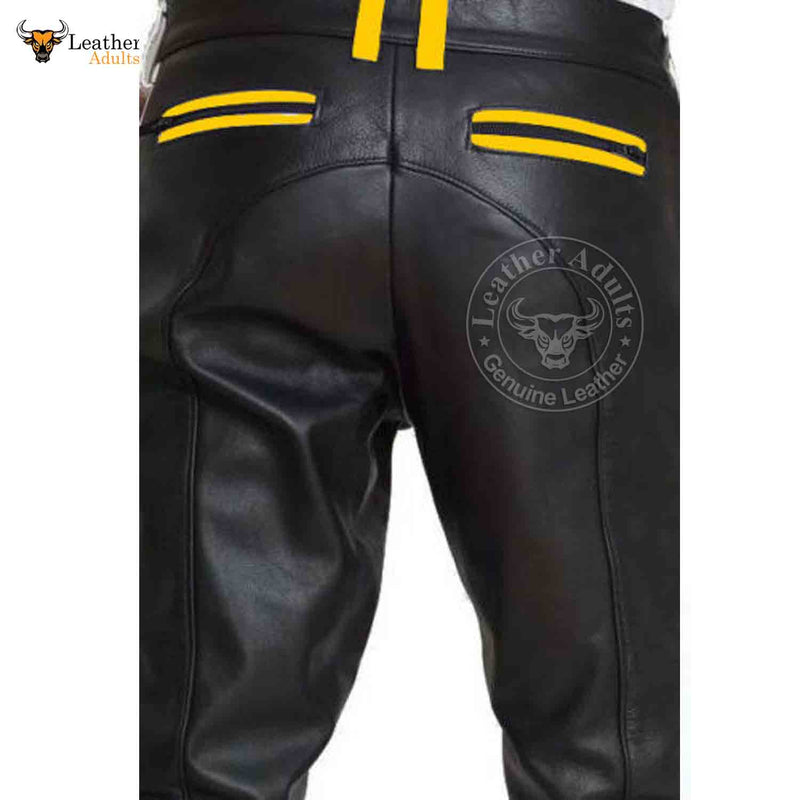 Mens Cowhide Leather Pants Cropped Biker Pants Yellow Stripe Leather Pants Clubwear Chino Trousers