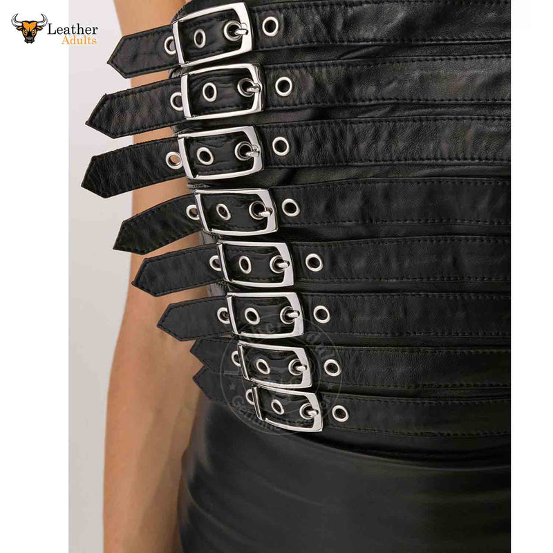 Womens Real Black Leather Hot Party Dress Casual Wear Buckle Dress Frock Skirts
