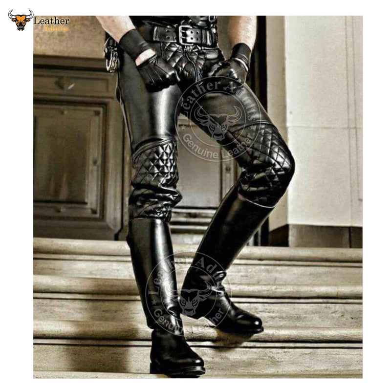 Men's Black Cowhide Leather Quilted Panels Breeches Trousers Pants Bikers Jeans Leder Breeches