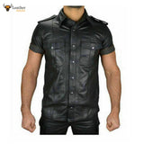 Mens Boys Hot Police Uniform Shirt Genuine Soft Lambskin Leather Shirt All Sizes Gay
