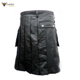 Men's Leather Black Utility Kilt Twin CARGO Pockets Pleated with Twin Buckles