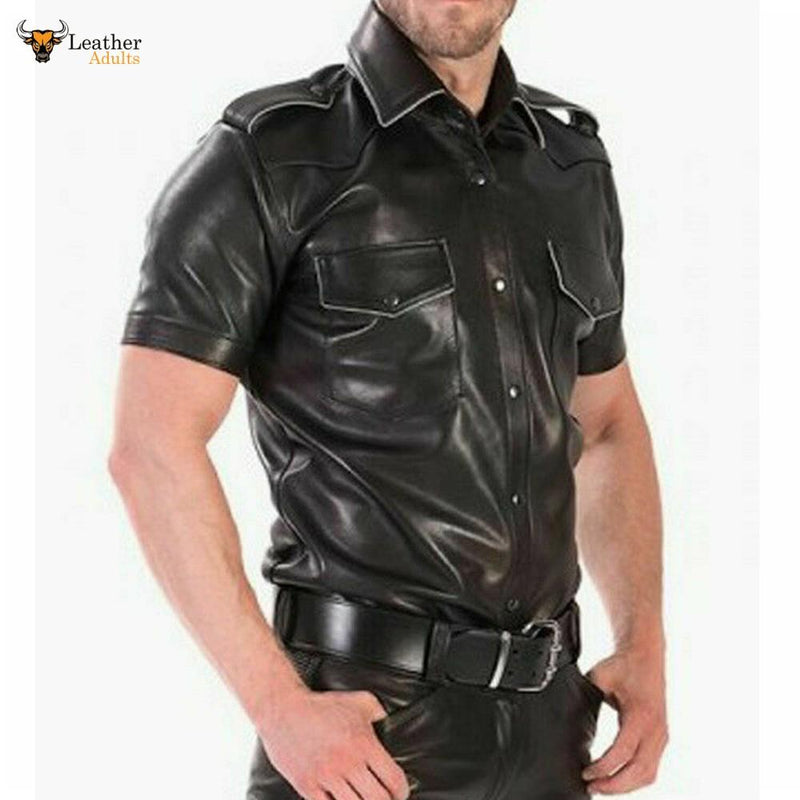 Mens Real Cowhide Leather Police Uniform Short Sleeve Shirt IN 4 Colors Piping