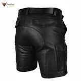 Mens 100% Genuine Leather Cargo Shorts With Six Pocket and Belt