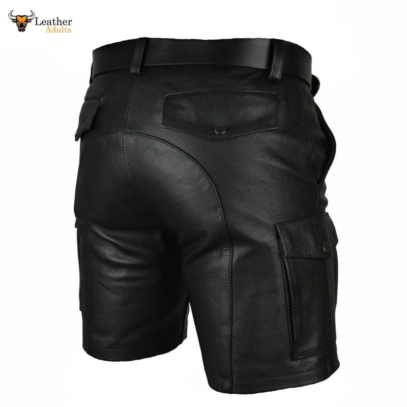 Mens 100% Genuine Leather Cargo Shorts With Six Pocket and Belt