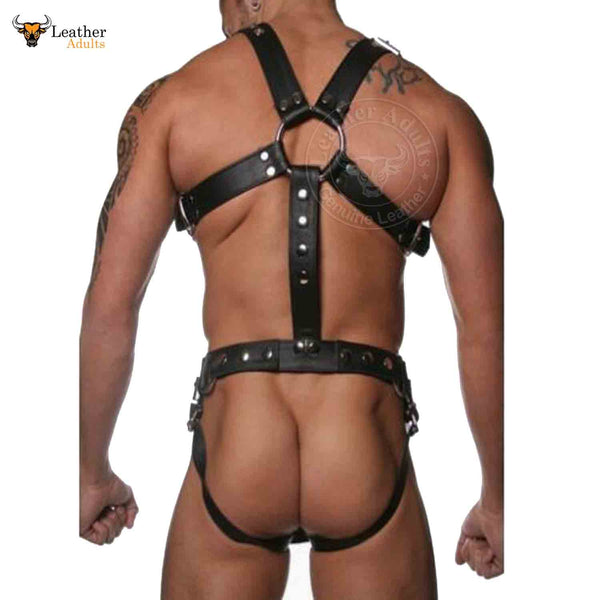 Mens Genuine Leather Handmade Full Body ADJUSTABLE Harness WITH JOCK Leder GAY INTEREST