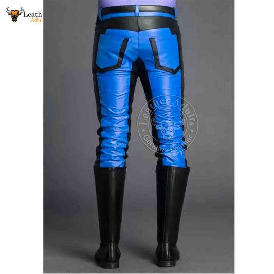 Mens Real Cowhide Leather Black and Blue Contrast Leather Pants Motorcycle Pants Trousers Jeans