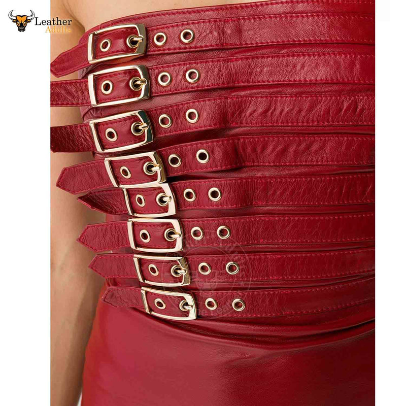 Womens Real Red Leather Hot Party Dress Casual Wear Buckle Dress Frock Skirts