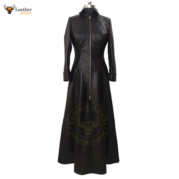 Womens Ladies Real Leather Long Black Leather Dress Gown Suit Gothic Trench Coat