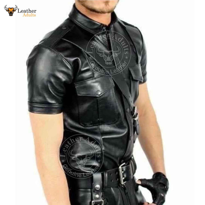 Mens Lambskin Nappa Leather Police Black Shirt Cuir Bluf Lederhemd Lederharren Bikers