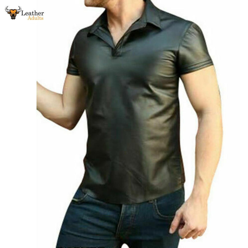 Men's Real Lambs Leather Polo Short Sleeve Shirt With Choice Of Piping