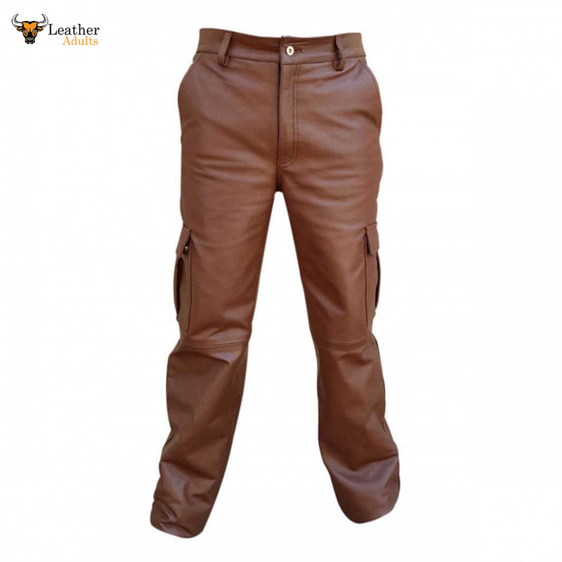 Men's Brown Real Leather Pants Cargo 6 Pockets Pants Bikers Leather Breeches Trousers