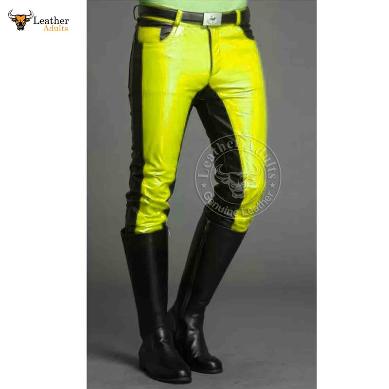 Mens Real Cowhide Leather Black and Yellow Contrast Leather Pants Motorcycle Pants Trousers Jeans