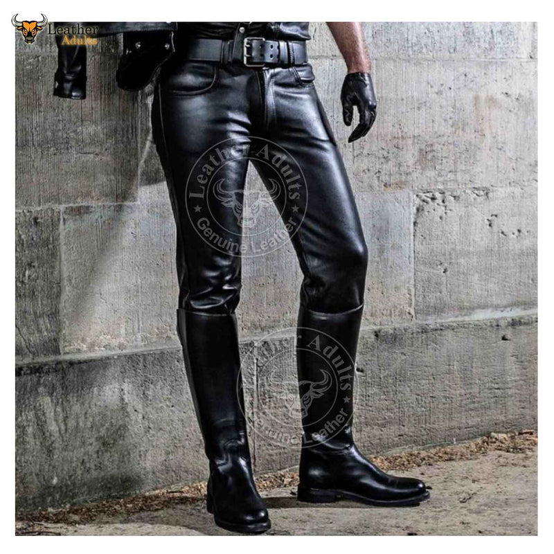 Mens Black Cowhide Leather Pants Trousers Lederjeans Lederhosen Breeches BLUF Pants