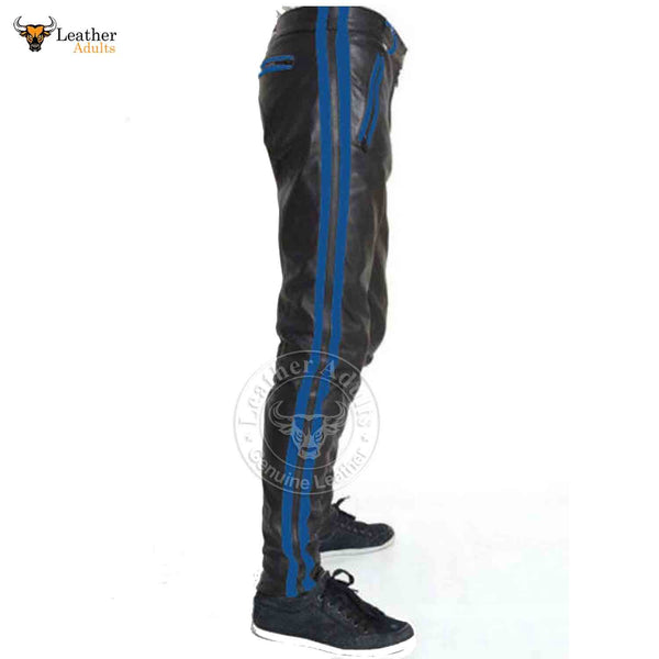 Mens Cowhide Leather Pants Cropped Biker Pants Blue Stripe Leather Pants Clubwear Chino Trousers