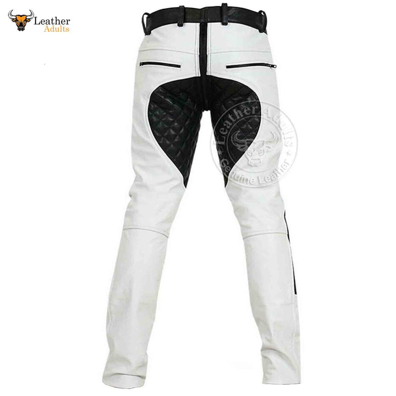 Mens White and Black Cowhide Leather Pants BLUF Saddleback Breeches Pants