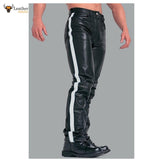 Mens Black Cowhide Leather Jeans Style Pants BLUF Breeches White Striped Trousers