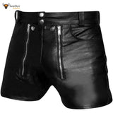 Mens Black Real Leather Chastity Bondage Shorts Rear Zip Gay Shorts