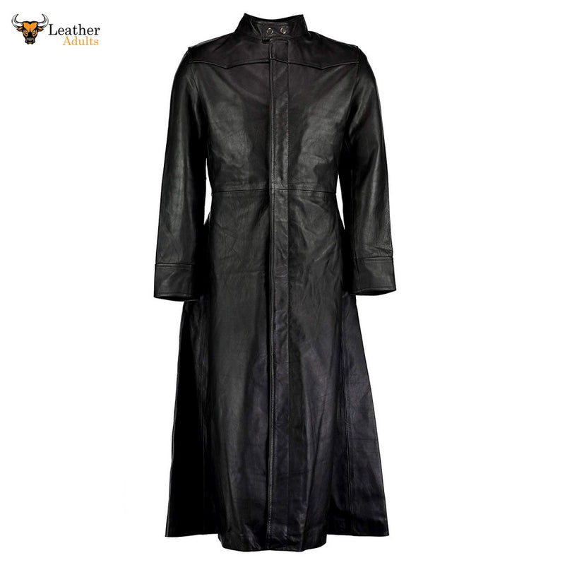 Mens Black Cowhide Leather Goth Long Coat Steampunk Gothic Van Helsing Matrix Trench Coat