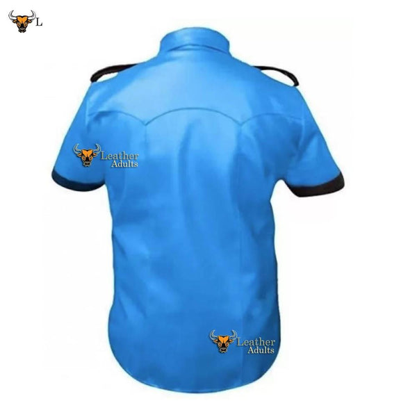Men's Real Leather Police Shirt Cuir Bluf Lederhemd Blue Lederharren Bikers