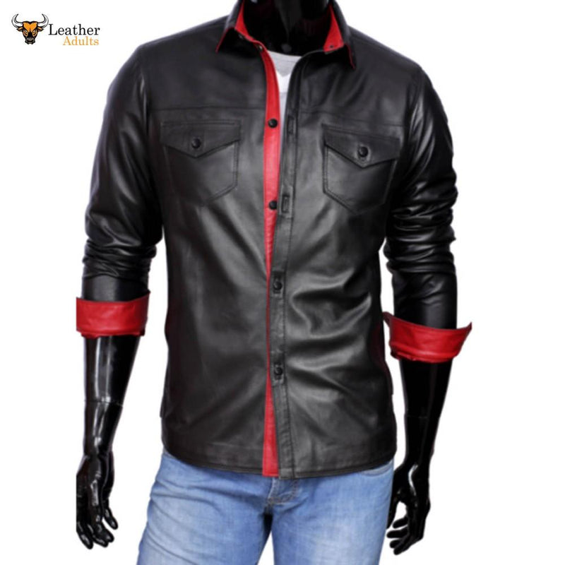 Men's Real Lambs Leather Police Military Style Shirt Cuir Bluf Red and Black Contrast Shirt