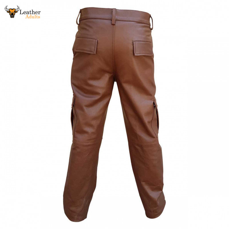 Men's Brown Real Leather Pants Cargo 6 Pockets Pants Bikers Leather Breeches Trousers