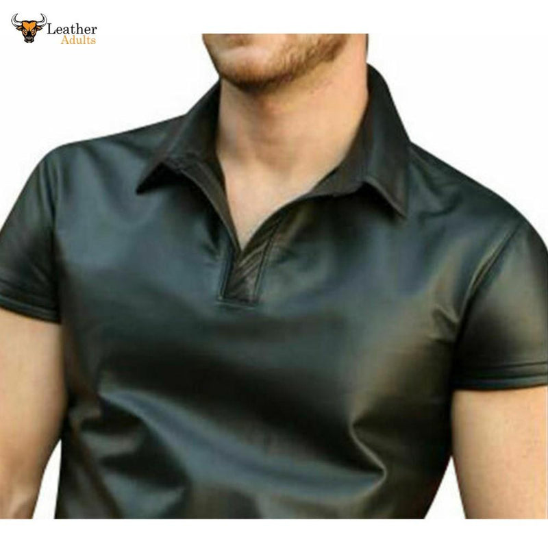Men's Real Lambs Leather Polo Short Sleeve Shirt With Choice Of Piping