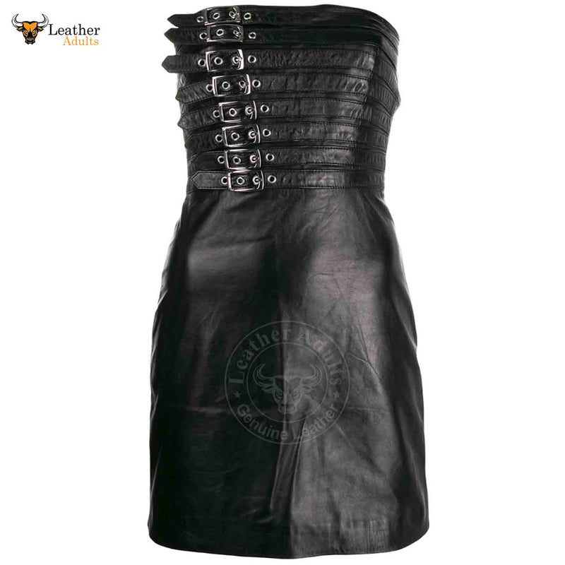 Womens Real Black Leather Hot Party Dress Casual Wear Buckle Dress Frock Skirts