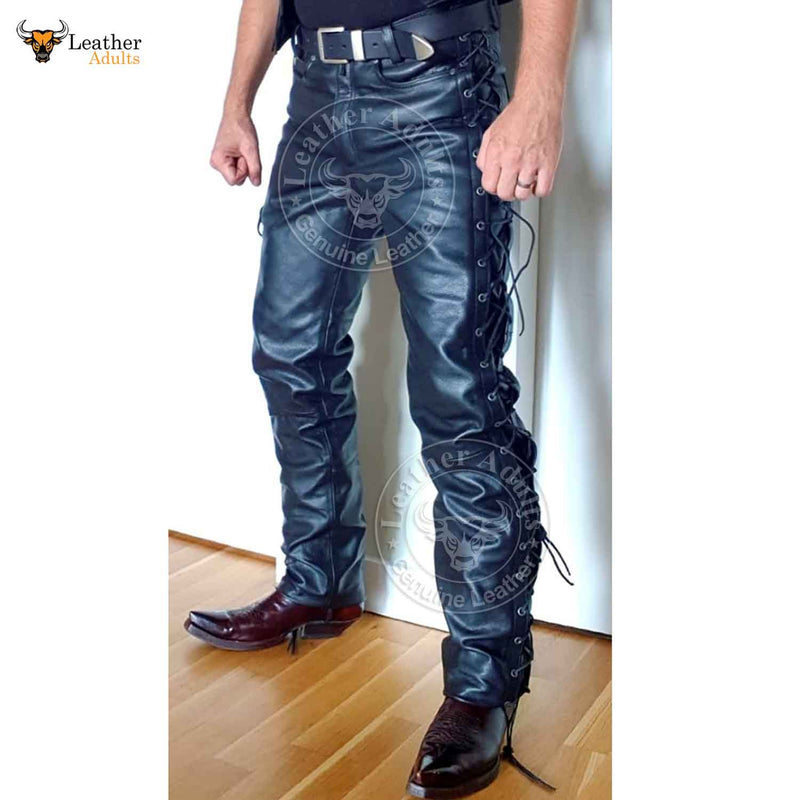 Mens Black Cowhide Leather Lacing BLUF Pants Bikers Lederhosen Jeans Trousers