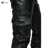 Mens Cow Leather Cargo Quilted Panels Pants Bikers Cargo Pants Trousers