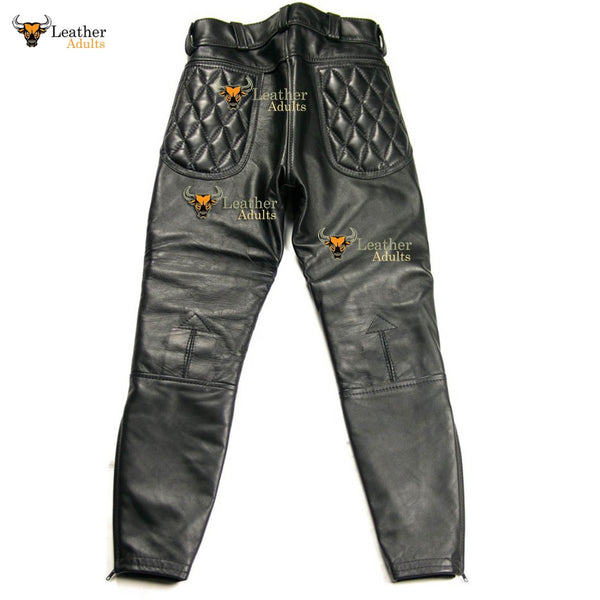 Men's Real Cowhide Leather Quilted Panels Breeches Trousers Pants Bikers Jeans LederBreeches