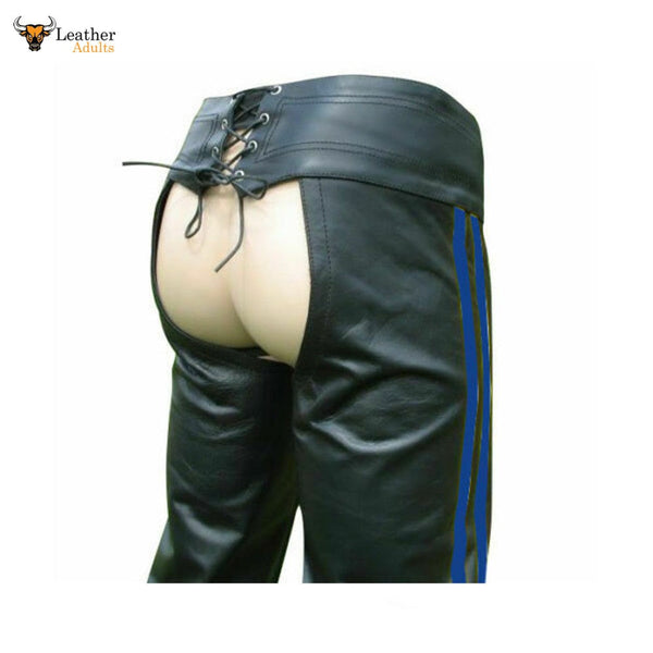 Men's Real Bikers Chaps Leather Chaps Blue Stripes Leather Gay Chaps with Jockstrap