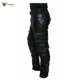 Mens Cow Leather Cargo Quilted Panels Pants Bikers Cargo Pants Trousers
