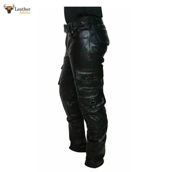 Mens Cow Leather Cargo Quilted Panels Pants Bikers Cargo Pants Trousers